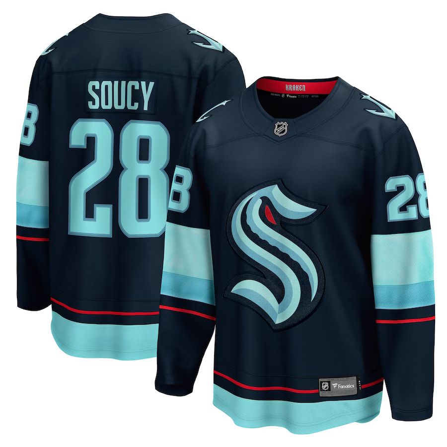 Men Seattle Kraken #28 Carson Soucy Fanatics Branded Deep Sea Blue Home Breakaway Player NHL Jersey